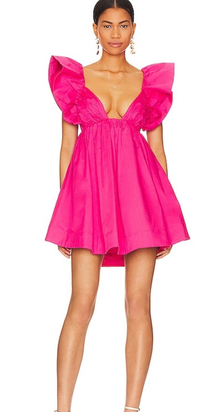 For Love & Lemons Clementine Mini Dress Pink Ruffle Babydoll Plunge V-Neck